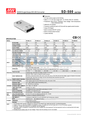 SD-500 datasheet - 500W Single Output DC-DC Converter