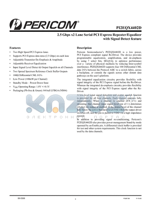 PI2EQX4402DNBE datasheet - 2.5 Gbps x2 Lane Serial PCI Express Repeater/Equalizer with Signal Detect feature