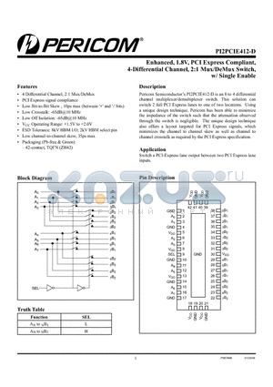 PI2PCIE412-DZHE datasheet - Enhanced, 1.8V, PCI Express Compliant, 4-Differential Channel, 2:1 Mux/DeMux Switch, w/ Single Enable