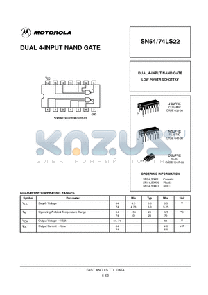 SN54LS22 datasheet - DUAL 4-INPUT NAND GATE