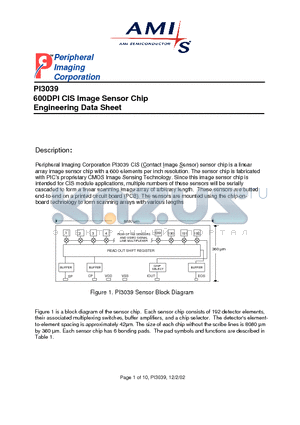 PI3039 datasheet - 600DPI CIS Image Sensor Chip