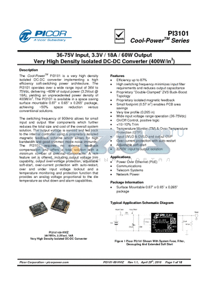 PI3101-00-HVIZ datasheet - 36-75V Input, 3.3V / 18A / 60W Output Very High Density Isolated DC-DC Converter (400W/in3)