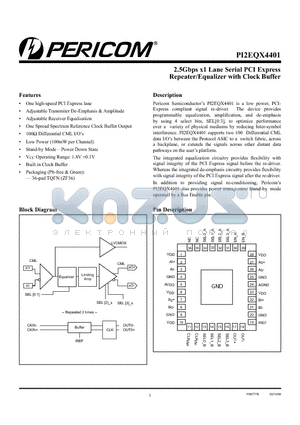 PI2EQX4401 datasheet - 2.5Gbps x1 Lane Serial PCI Express Repeater/Equalizer with Clock Buffer