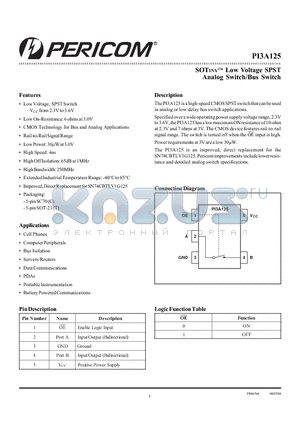 PI3A125 datasheet - SOTINY Low Voltage SPST Analog Switch/Bus Switch