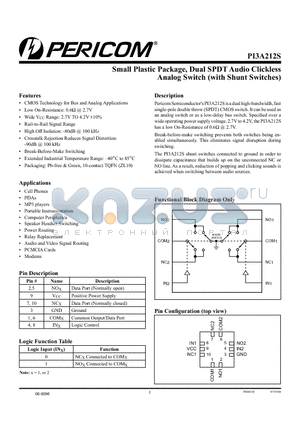 PI3A212S datasheet - Small Plastic Package, Dual SPDT Audio Clickless Analog Switch (with Shunt Switches)