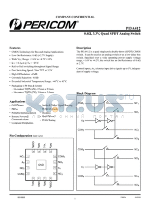 PI3A412ZLE datasheet - 0.4ohm, 3.3V, Quad SPDT Analog Switch