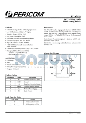 PI3A3159 datasheet - 3.0V, SOTiny 0.4 SPDT Analog Switch