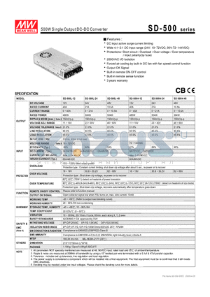 SD-500L-48 datasheet - 500W Single Output DC-DC Converter