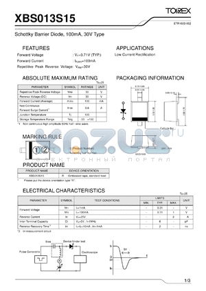 XBS013S15 datasheet - Schottky Barrier Diode, 100mA, 30V Type