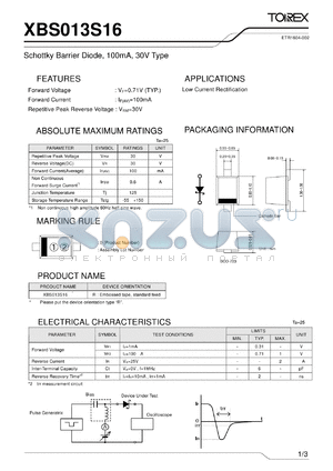XBS013S16 datasheet - Schottky Barrier Diode, 100mA, 30V Type