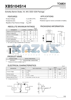 XBS104S14 datasheet - Schottky Barrier Diode, 1A, 40V, SOD-123A Package