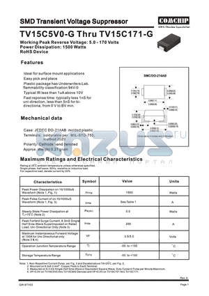 TV15C100J-G datasheet - Working Peak Reverse Voltage : 5.0 - 170 Volts , Power Dissipation : 1500 Watts , RoHS Device