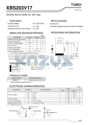 XBS203V17 datasheet - Schottky Barrier Diode, 2A, 30V Type