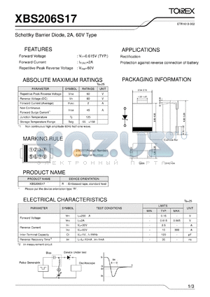 XBS206S17R datasheet - Schottky Barrier Diode, 2A, 60V Type