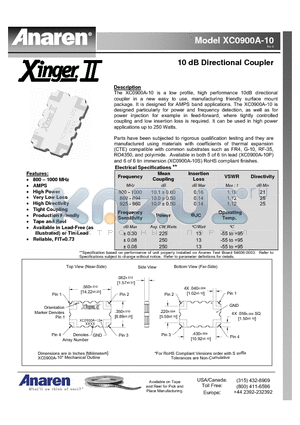 XC0900A-10 datasheet - 10 dB Directional Coupler