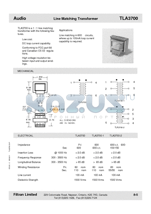 TLA3700-1 datasheet - Audio Line Matching Transformer