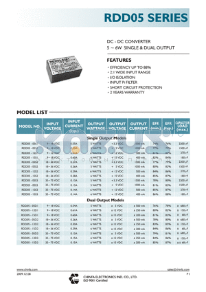 RDD05-03S1 datasheet - DC - AC CONVERTER 5 ~ 6W SINGLE & DUAL OUTPUT