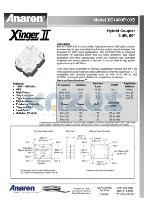 XC1400P-03S datasheet - Hybrid Coupler 3 dB, 90`