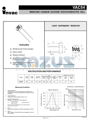 VAC54 datasheet - MINIATURE CADMIUM SULPHIDE PHOTOCONDUCTIVE CELL