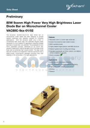 VAC80C-940-01 datasheet - 80W 9xxnm High Power Very High Brightness Laser Diode Bar on Microchannel Cooler