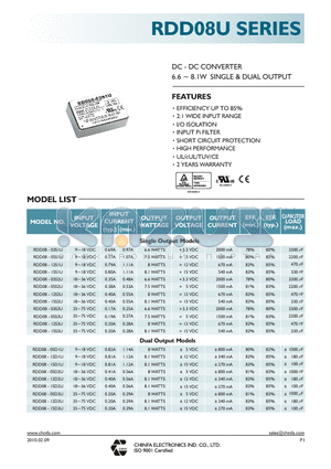 RDD08-03S2U datasheet - DC - DC CONVERTER 6.6 ~ 8.1W SINGLE & DUAL OUTPUT