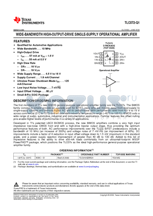 TLC072-Q1 datasheet - WIDE-BANDWIDTH HIGH-OUTPUT-DRIVE SINGLE-SUPPLY OPERATIONAL AMPLIFIER