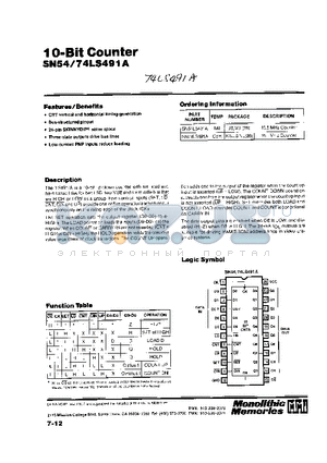 SN54LS491A datasheet - 10-Bit Counter SN54/74LS491A