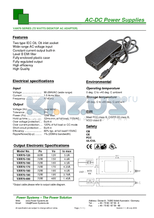 VAN70-120 datasheet - AC-DC Power Supplies 72 WATTS DESKTOP AC ADAPTER