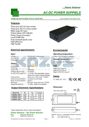 VAN90A-1900 datasheet - AC-DC POWER SUPPIELS 90 WATTS DESK TOP AC ADAPTER