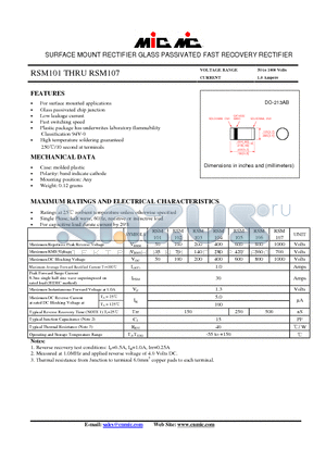 RSM105 datasheet - SURFACE MOUNT RECTIFIER GLASS PASSIVATED FAST RECOVERY RECTIFIER