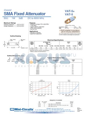 VAT-5+ datasheet - SMA Fixed Attenuator (50ohm 1W 5dB DC to 6000 MHz)