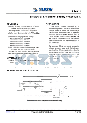 SS6821 datasheet - Single-cell Lithium-lon Battery Protection IC