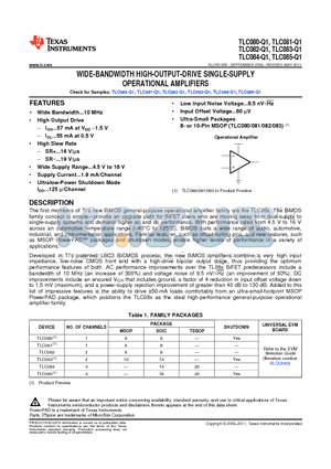 TLC082-Q1 datasheet - WIDE-BANDWIDTH HIGH-OUTPUT-DRIVE SINGLE-SUPPLY OPERATIONAL AMPLIFIERS