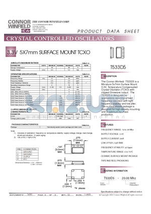 T533D5 datasheet - 3.3V 5X7mm SURFACE MOUNT TCXO