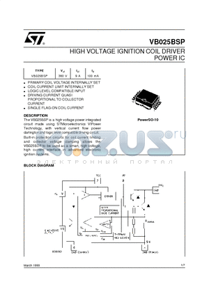 VB025BSP datasheet - HIGH VOLTAGE IGNITION COIL DRIVER POWER IC