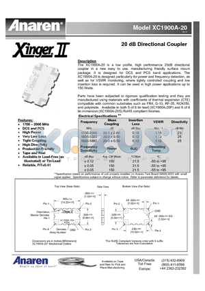 XC1900A-20 datasheet - 20 dB Directional Coupler