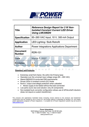 RDR-131 datasheet - Reference Design Report for 3 W Non- Isolated Constant Current LED Driver Using LNK306DN