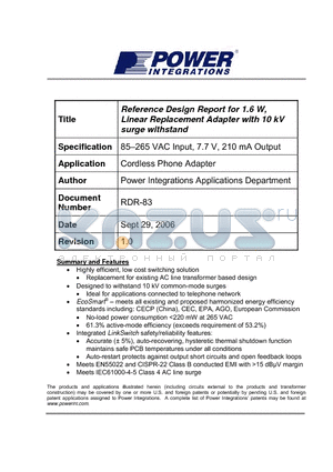 RDR-83 datasheet - Reference Design Report for 1.6 W, Linear Replacement Adapter with 10 kV surge withstand