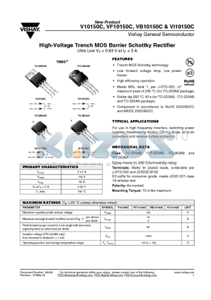 VB10150C datasheet - High-Voltage Trench MOS Barrier Schottky Rectifier Ultra Low VF = 0.63 V at IF = 3 A