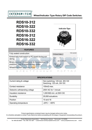 RDS10-312 datasheet - Wheel/Indicator Type Rotary DIP Code Switches