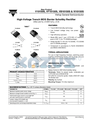 VB10150S datasheet - High-Voltage Trench MOS Barrier Schottky Rectifier Ultra Low VF = 0.59 V at IF = 5 A