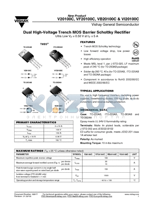 VB20100C-E3/4W datasheet - Dual High-Voltage Trench MOS Barrier Schottky Rectifier Ultra Low VF = 0.50 V at IF = 5 A