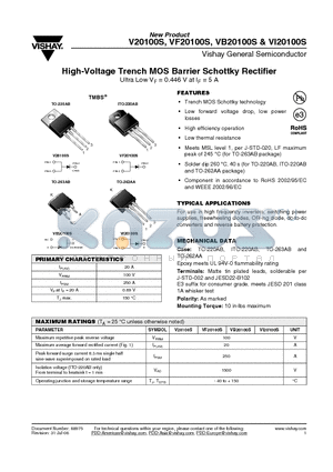 VB20100S datasheet - High-Voltage Trench MOS Barrier Schottky Rectifier Ultra Low VF = 0.446 V at IF = 5 A