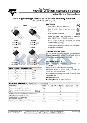 VB20120C-E3/4W datasheet - Dual High-Voltage Trench MOS Barrier Schottky Rectifier Ultra Low VF = 0.54 V at IF = 5 A