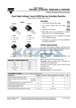 VB20120C-E3/8W datasheet - Dual High-Voltage Trench MOS Barrier Schottky Rectifier Ultra Low VF = 0.54 V at IF = 5 A