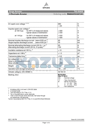 T60-A260X datasheet - SURGE ARRESTER 3-electrode arrester