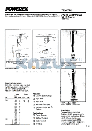 T600 datasheet - Phase Control SCR (125-175 Amperes 1600 Volts)