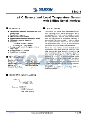 SS8018 datasheet - a1`C Remote and Local Temperature Sensor with SMBus Serial Interface