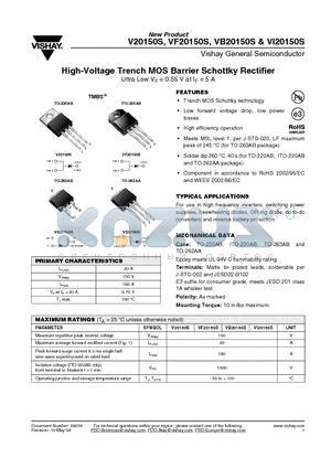 VB20150S datasheet - High-Voltage Trench MOS Barrier Schottky Rectifier Ultra Low VF = 0.55 V at IF = 5 A