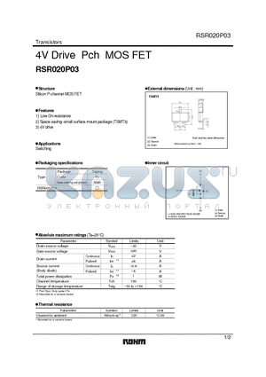 RSR020P03 datasheet - 4V Drive Pch MOS FET